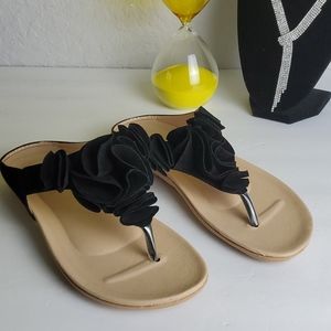 Black Ruched Floral Thong Sandal